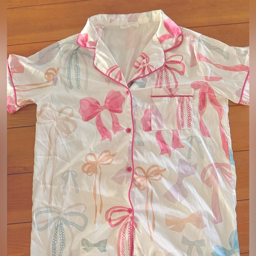 Women’s Sheshow Pajamas with Pink and Blue Bow Design - Picture 2 of 6